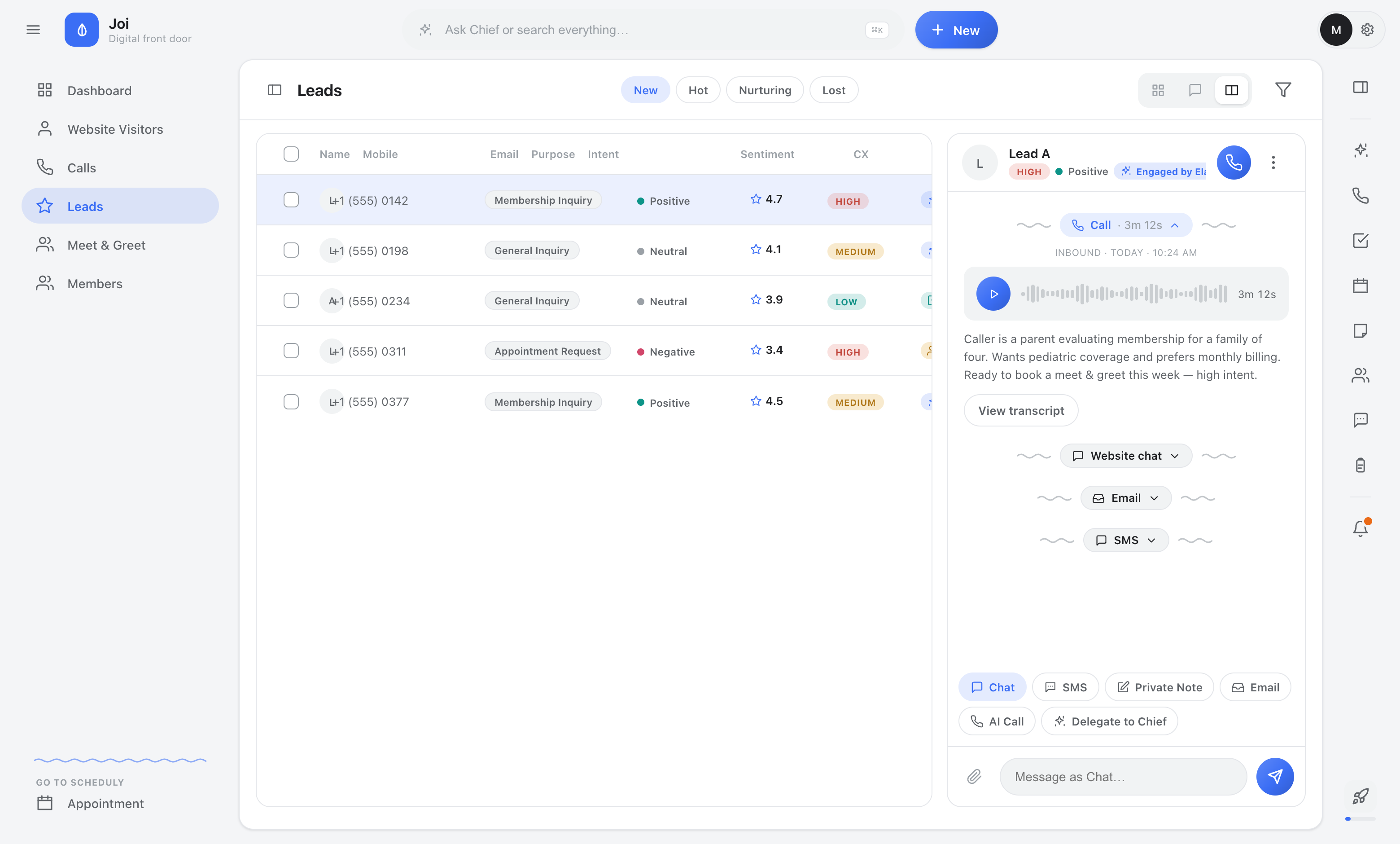 Lead timeline with call recording and AI summary